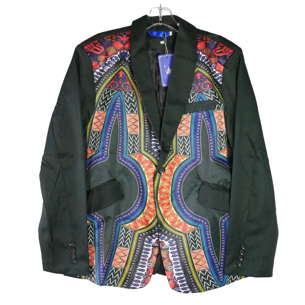 Fitshop Men Size L Retro Ethnic Printed Lapel One Button Party Suit Jacket Lined